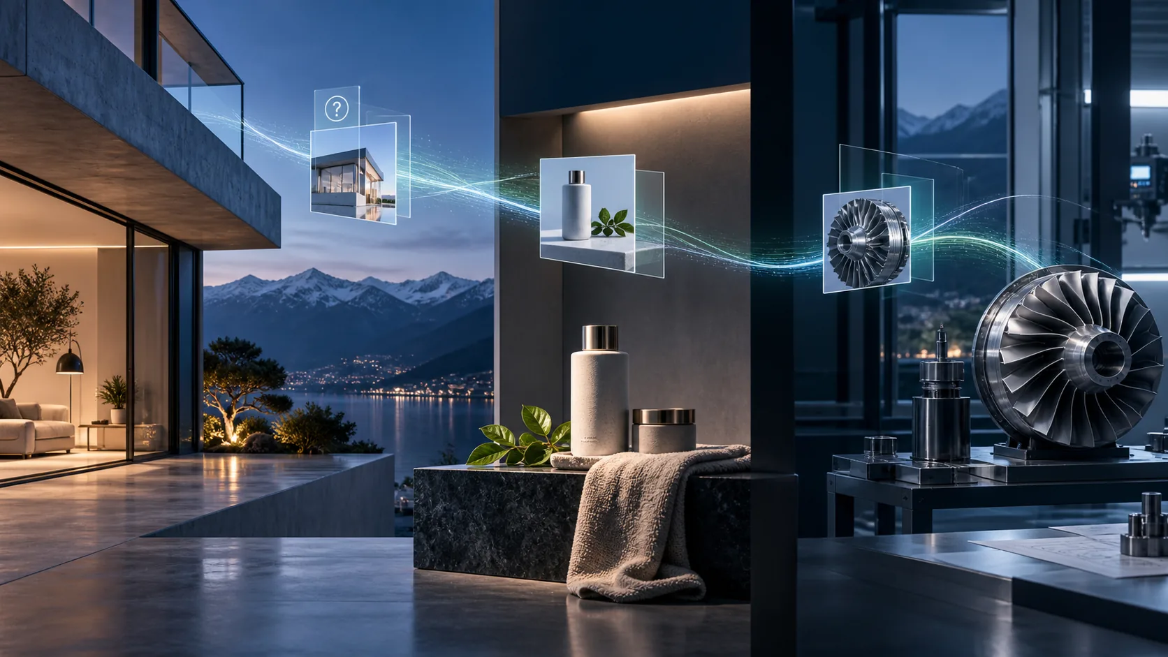 Zusammenhängende Bildwelt aus Schweizer Architektur, Premium-E-Commerce und präzisem B2B-Spezialistenumfeld, verbunden durch dezente Evidenzsignale.